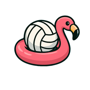 Pink flamingo pool float with a volleyball on a white background