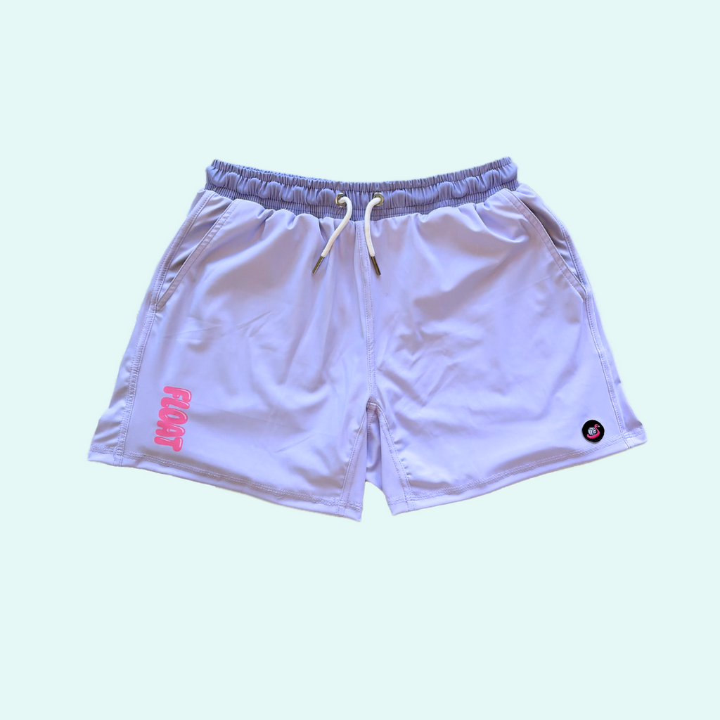 Light purple shorts with dark purple accents on a light blue background