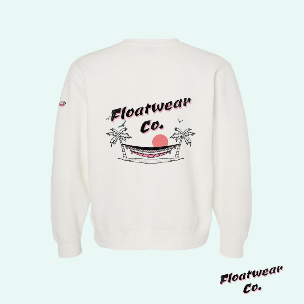 White sweatshirt with 'Floatwear Co.' branding on a light blue background