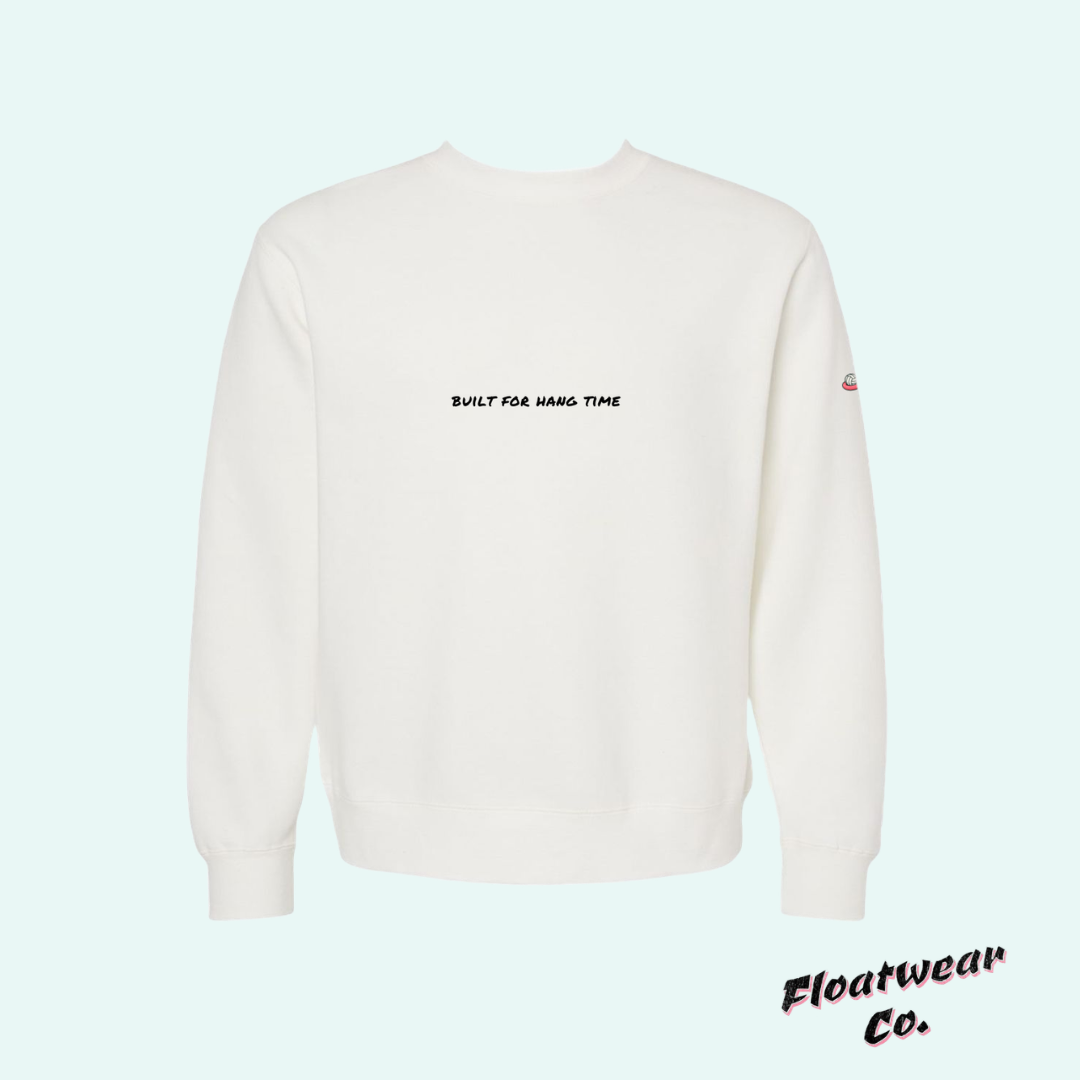 White sweatshirt with text on a light blue background