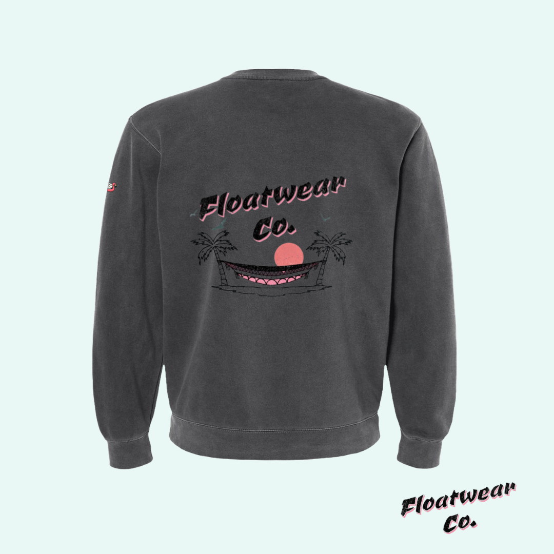 Gray sweatshirt with 'Floatwear Co.' branding on a light gray background