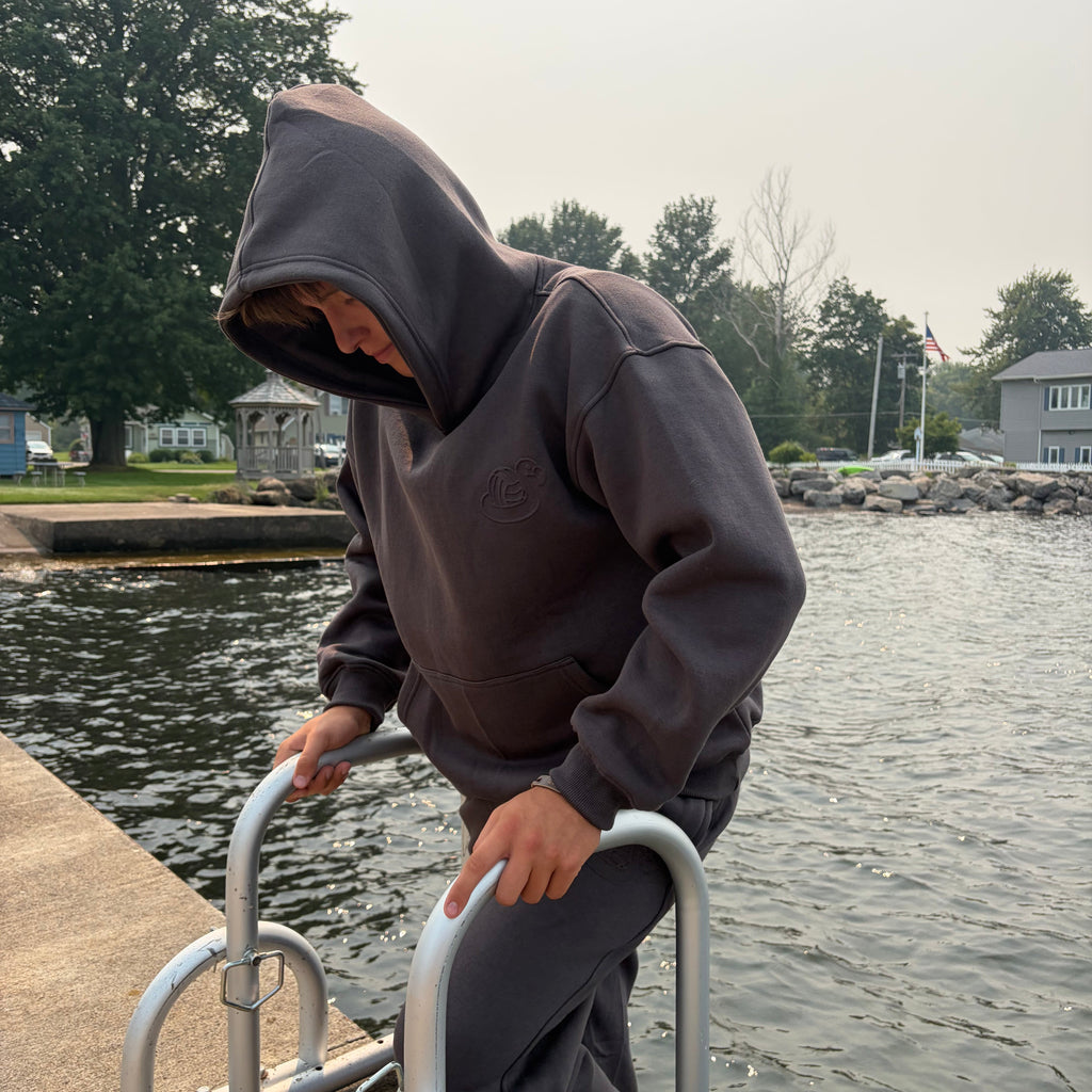 A person in a dark gray hoodie and matching sweatpants stands on a metal ladder next to a body of water, with trees, houses, and a cloudy sky in the background.